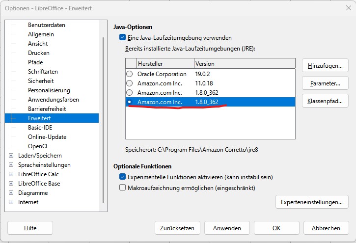 ecoDMS Plugin für Libreoffice kann nicht installiert werden: "Could not create java implementation loader"