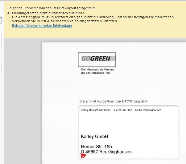 Tobit David e-Post Hybrid Mail meldet: folgende Probleme wurden im Brief-Layout festgestellt: Empfängerdaten nicht automatisch auslesbar